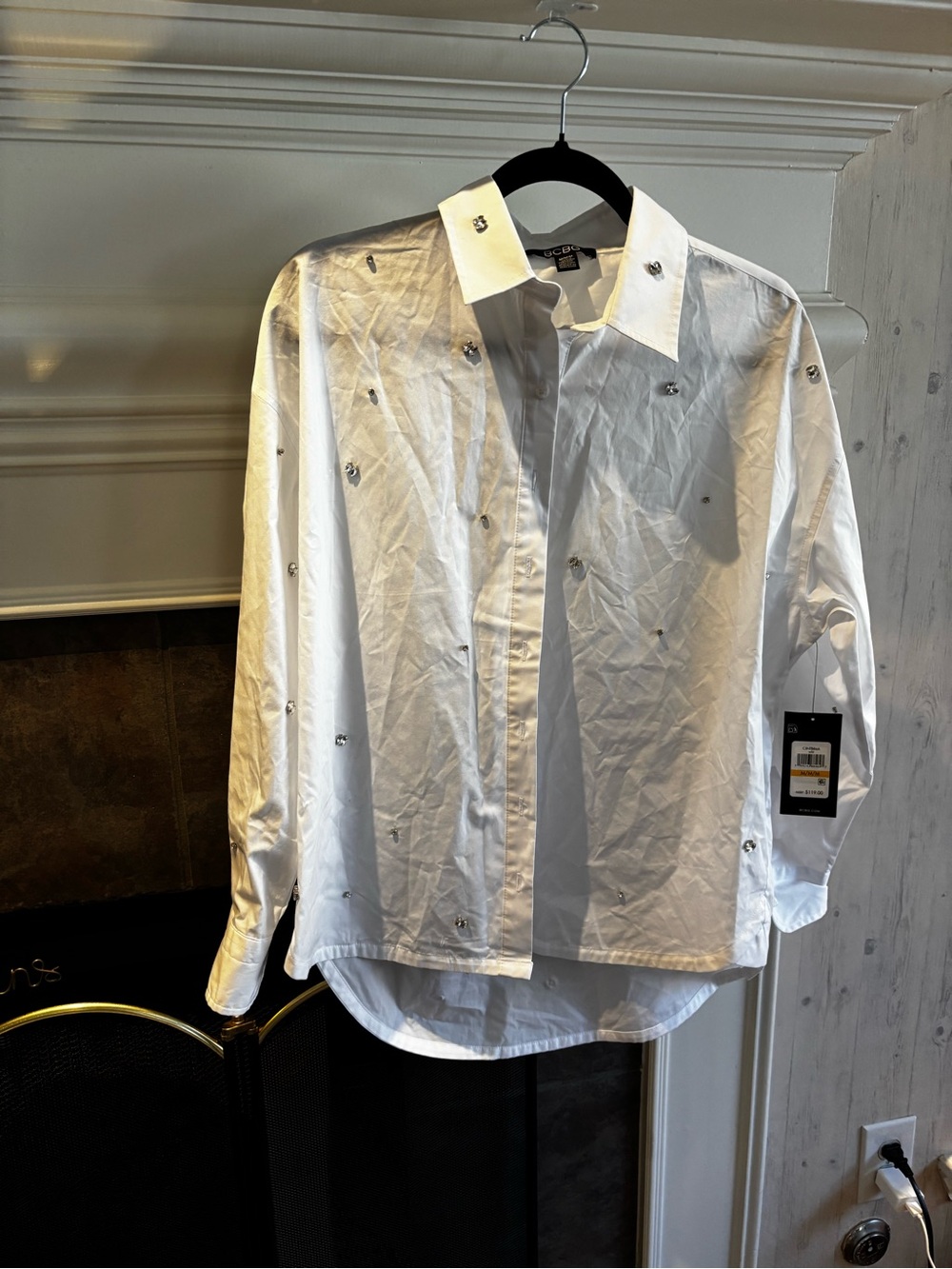 BCBG White Women's Button-Up Shirt with Crystal Accents